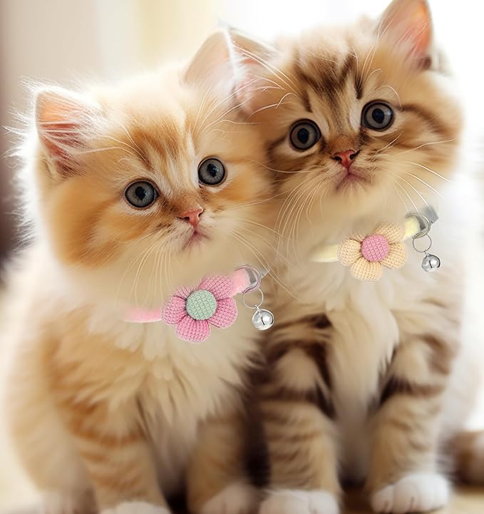 2Pcs Flower Cat Collar, Cat Collars for Girl Cats Pet Plush Flower Collars in Pink and Cream, Adjustable Safety Design for Small Dogs and Cats with Bell, Cute Puppy Accessories