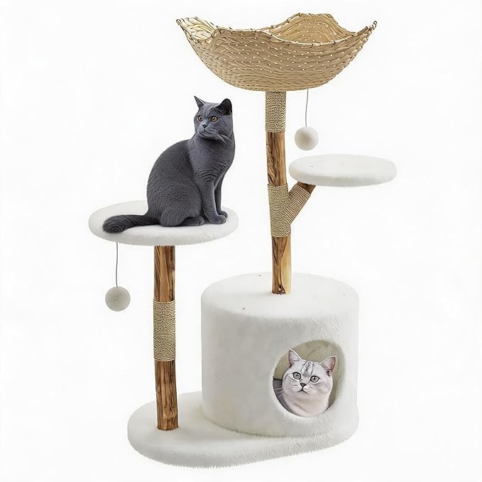 Wood Cat Tree Tower with Natural Wicker Apartment & Scratching Post – Indoor Cat Furniture with Cozy Bed, Aesthetic Tree Frame for Living Room