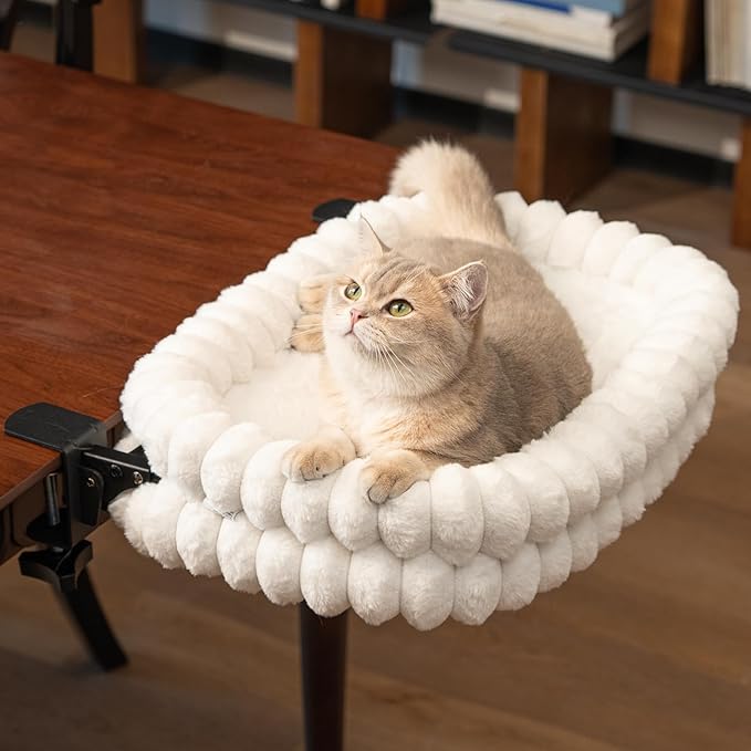 CHEERPALS Cat Desk Bed with Reversible Cushion, 90°Foldable Cat Hammock for Desk Mounted, Suitable for Medium-to-Large Cats and Puppy, Clowd Series(White, Medium)
