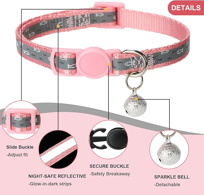 Reflective Cat Collar Safety Breakaway Nylon Kitten Collars with Bell for Female Girl Cats,Pink