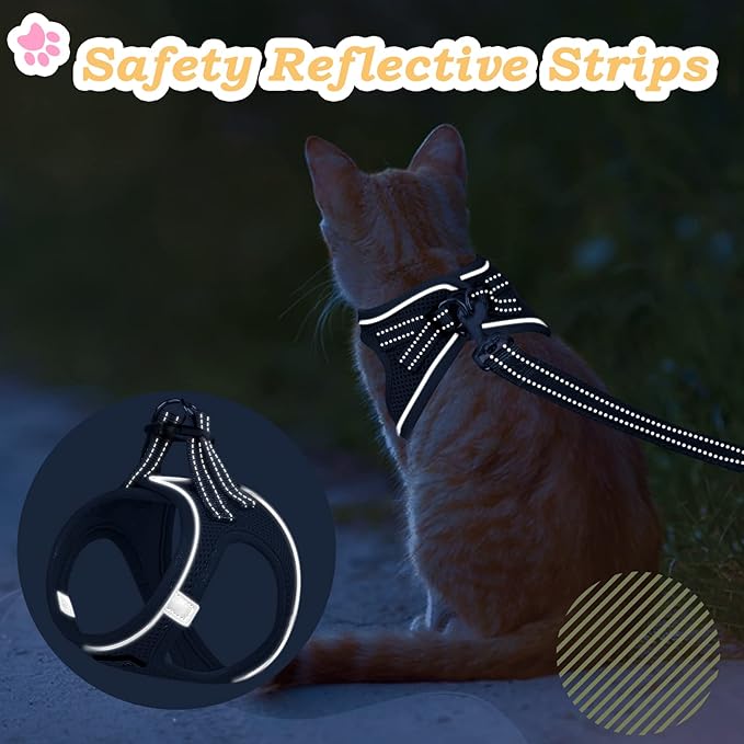 Cat Harness and Leash Escape Proof,Adjustable Soft Mesh Kitten Vest Harness for Walking Reflective Pet Harness for Cat Small Dogs Puppy (Black, XXS)