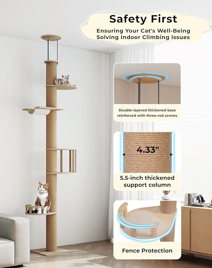 COZIWOW Floor to Ceiling Cat Tree, Tall Cat Tower with Lots of Scratching Posts, Designed for Large Cats, Indoor Cat Furniture Suitable for All Cat Sizes