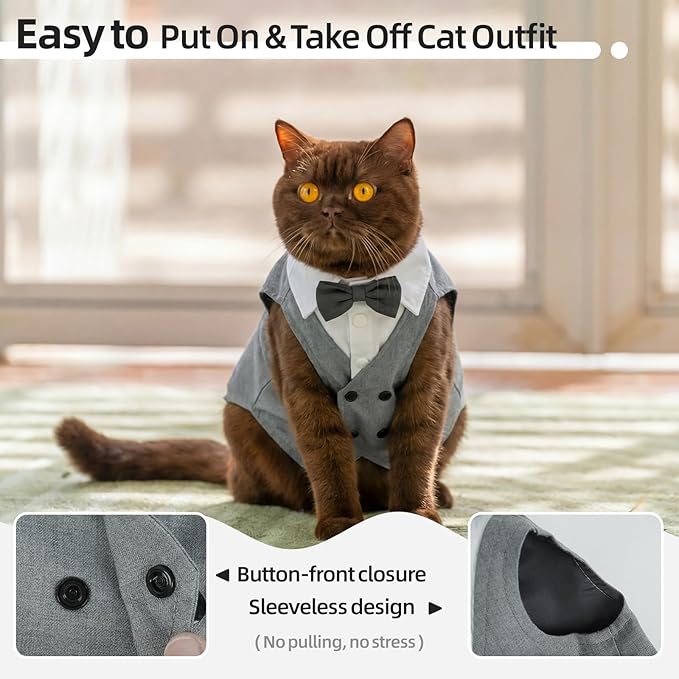 QBLEEV Cat Tuxedo Outfit, Sphynx Cat Costume for Cats Only, Formal Kitten Clothes Attire Suit with Bow Tie, Stylish Birthday Wedding Party Photo Shoots Costume for Male Female Cats, L, Grey