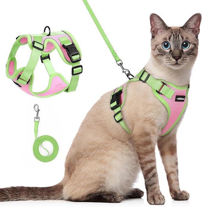 rabbitgoo Cat Harness and Leash Set, Escape Proof Soft Adjustable Vest Harnesses for Outdoor Walking, Easy Control Breathable Kitten Jacket with Reflective Strips, Pink & Light Green, S