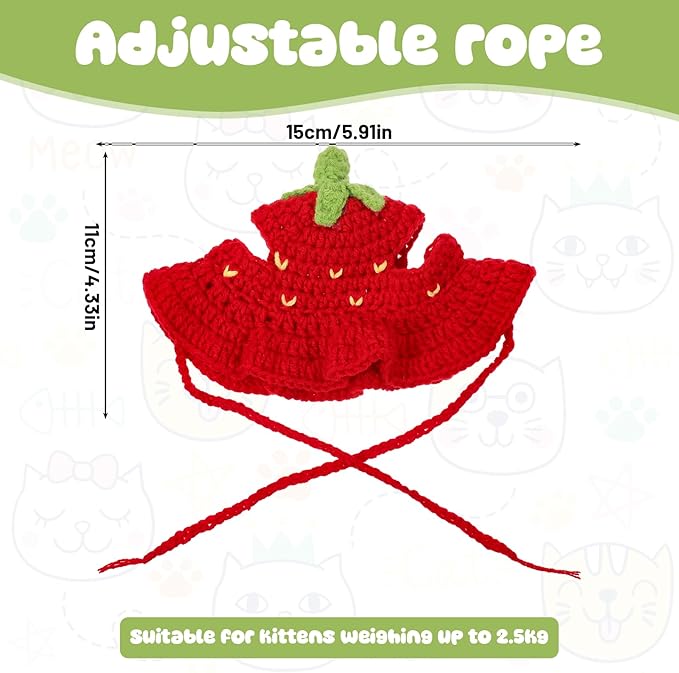 Thinp Strawberry Cat Hat, Cotton & Soft Cute Knitted Hats for Cats Crochet Cat Hat Birthday Party Halloween Holiday Christmas Knit Puppy Hats for Small Pets (Red, S)