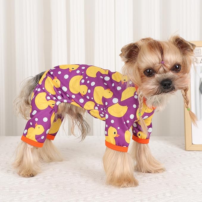 Dog Pajamas Small Sized Boy Girl, Cotton Stretchable Pet Clothes Jammies Puppy Outfits for Dogs Female Male, Spring Summer Doggie Doggy Pjs (Purple Duck, L)