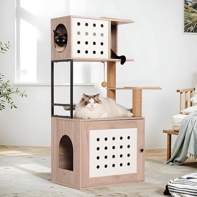 Modern Cat Tree Condo Tower Cat House Washroom Furniture Litter Box Enclosure with Scratching Posts, Feeding Bowl & Cat Teaser Ball, White+Gray (21.70" Lx16.90 Wx47.20 H)