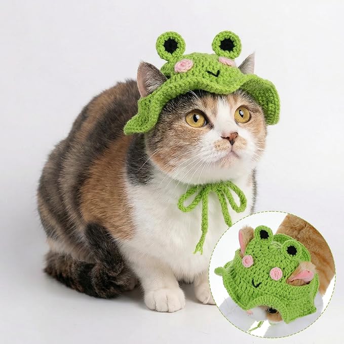 Thinp Cat Frog Hat, Cotton & Soft Cute Knitted Hats for Cats Crochet Cat Hats for Cats Birthday Party Christmas Knit Puppy Hat for Small Pets (Green, M)