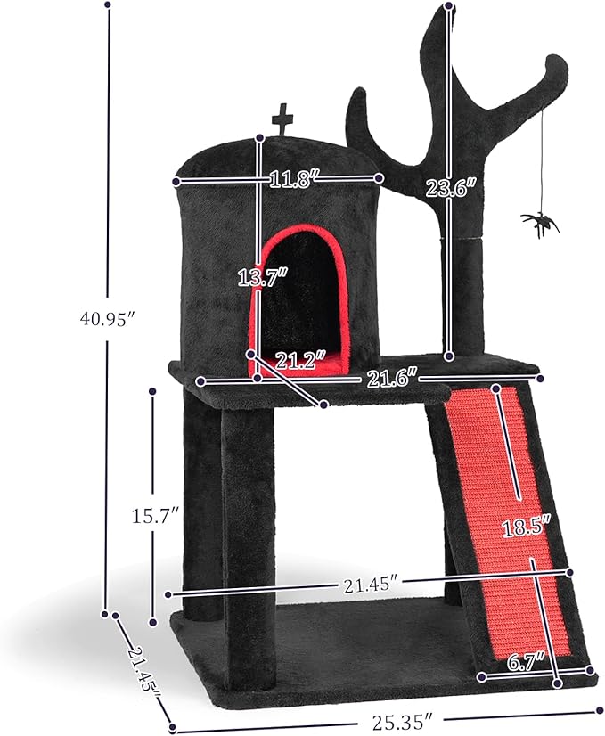 42" Gothic Cat Tree with Cat Condo for Indoor Cats, Halloween Cat Tower with Branch Shaped Scratching Post, Scratching Ladder & Spider Toy - Red & Black Themed Cat Furniture for Large Cats