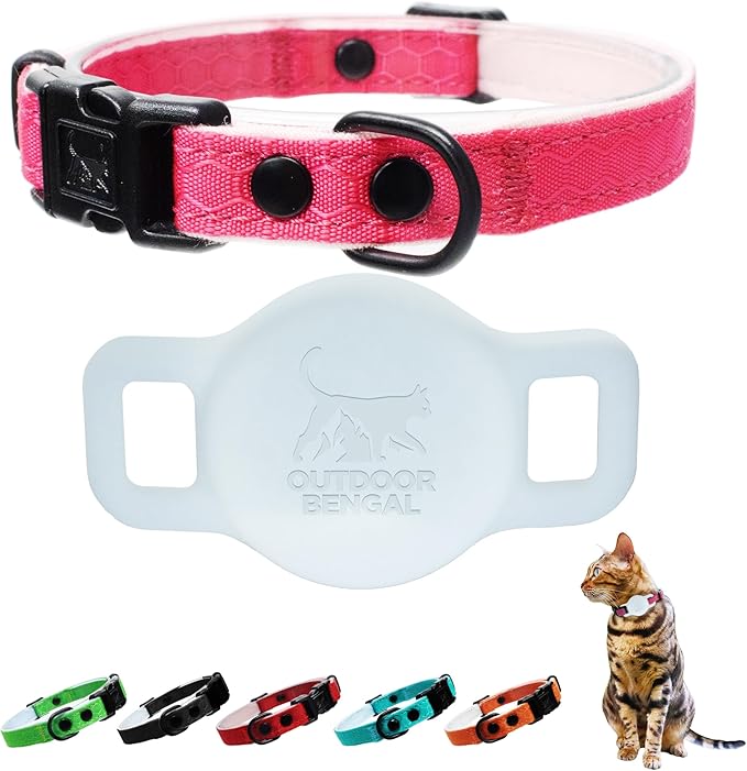 OutdoorBengal Breakaway Cat Collar + Airtag Holder, No Bell - Compatible Silicone Case, Breakaway Airtag Cat Collar for Apple Air Tag - Waterproof Tracking Collars for Boy, Girl, Cats, Kittens (Pink)