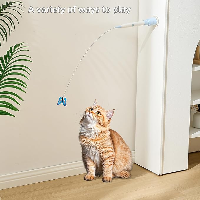 Electric Butterfly Cat Wand for Indoor Cats, 360 Spinning Self-Play with 2 Modes & Tap-to-Awake, Rechargeable Cleanable Suction Base, 3 Butterfly Refills, Interactive Cat Toy