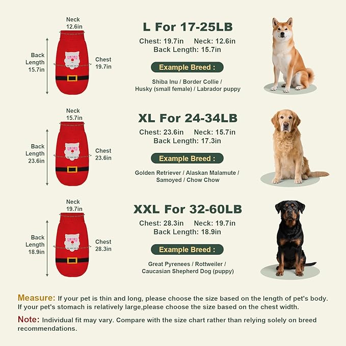 Dog Sweater Knitted for Small to Large Dogs Boy Girl, Classic Turtleneck Dog Christmas Sweaters, Warm & Soft Pet Clothes for Winter (Santa Claus, L)
