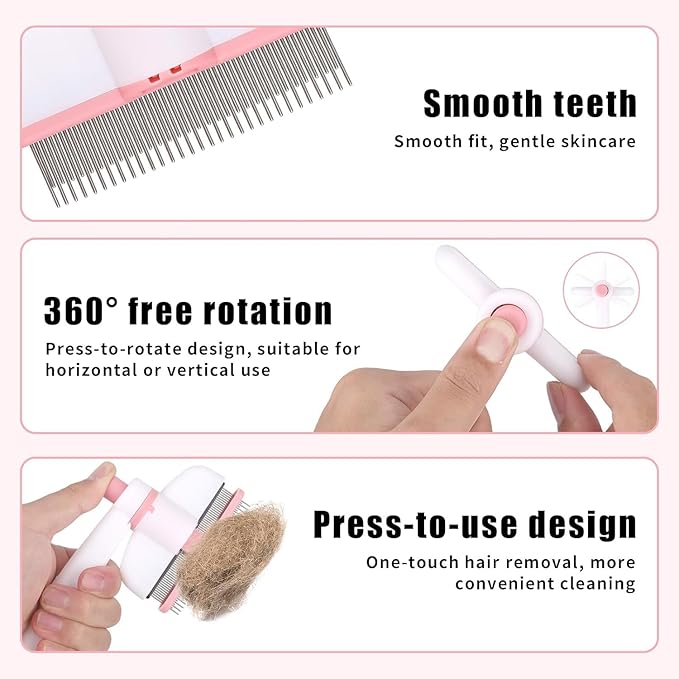 Pet Hair Removal Comb & Flea Comb with Release Button for Cats & Dogs - Grooming Brush for Short/Long Hair Pink
