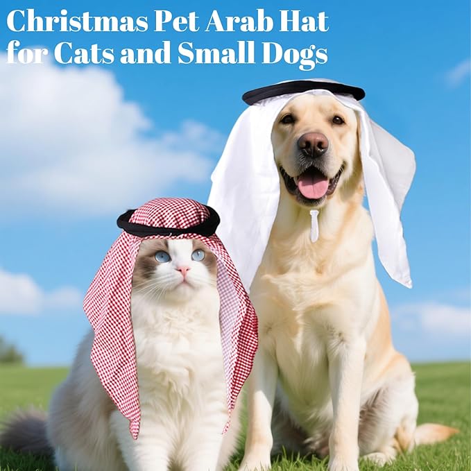 Christmas Pet Arab Hat for Cats and Small Dogs - Traditional Middle Eastern Pet Head Wrap, Funny Role Play Festival Costume Accessory (Checkered)