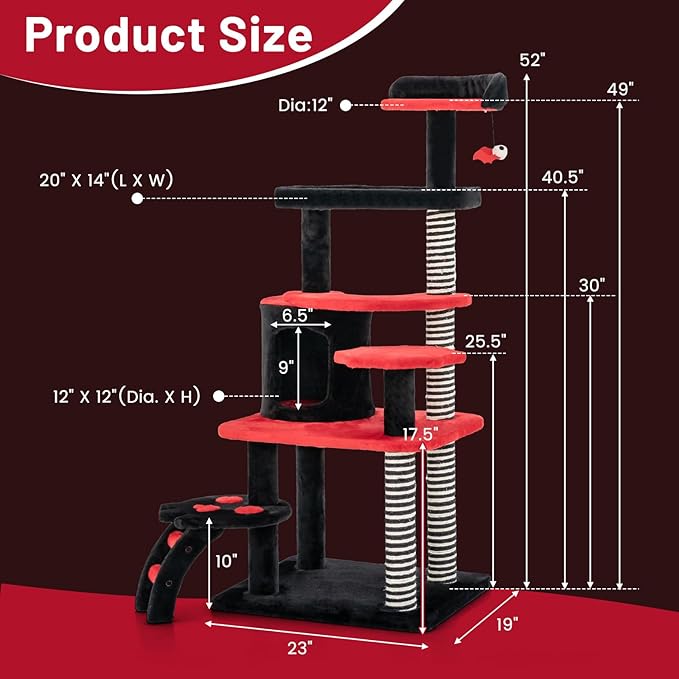 Tangkula Gothic Cat Tree, 52 Inch Black Cat Tower with Coffin Bed, Condo, Sisal Scratching Posts, Pompom Bat-Shaped Ball, Halloween Pet Furniture, Spooky Goth Cat Tree for Indoor Cats