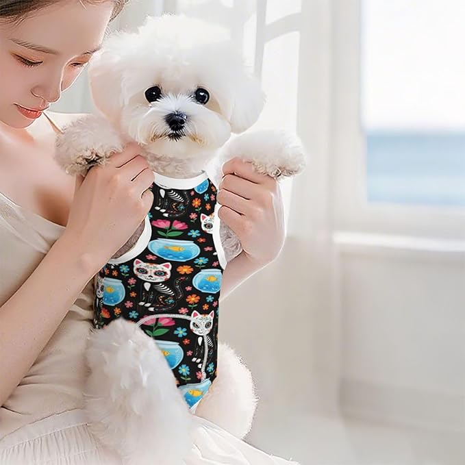 Surgical Recovery Suit for Dogs Cats (Sugar Skull Skeleton Cat and Fish Black)