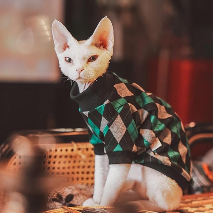 Vintage Mulan Cotton Sphynx Hairless Cats Shirt Cat Turtleneck Pet Clothes Kitten T-Shirts with Sleeves for Sphynx Cornish Rex, Devon Rex, Peterbald (XX-Large, Rhombus)