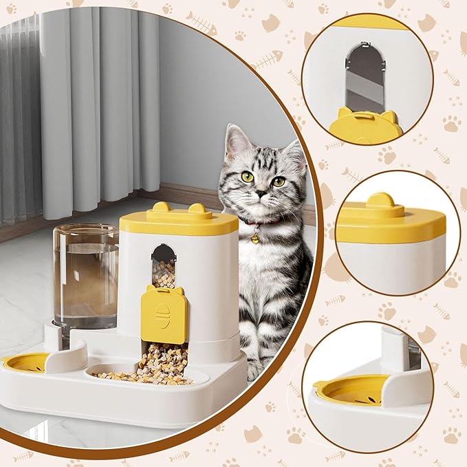 Automatic Pet Feeder and Waterer, 2-in-1 Food and Water Dispenser for Cats, Kittens, Small Medium Dogs, Yellow