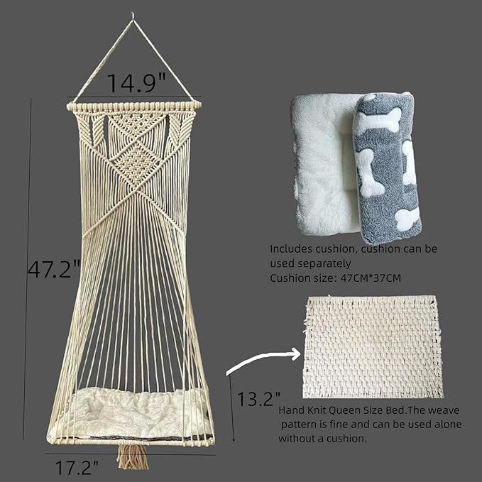 Macrame Hanging Cat Hammock Cat Swing Bed for Indoor Cats, Boho Cats Perch Bed for Sleeping, Playing, Climbing, and Lounging (Beige)