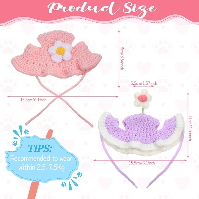 Cat Hats for Cats Only Cute Knit Cat Hat Flower Hat with Adjustable Cord Handmade Crochet Cats Clothes Soft Cute Knitted Hats Christmas Party Costume Accessory for Puppy Kitten (Purple, Pink)