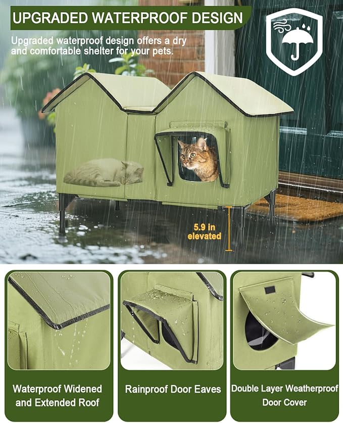 Outdoor Cat House Weatherproof, Insulated Cat Houses for Outdoor Cats, Extra Large Waterproof Feral Cat House with Escape Doors & Elevated Base, Easy Assembly, All-Weather Protection