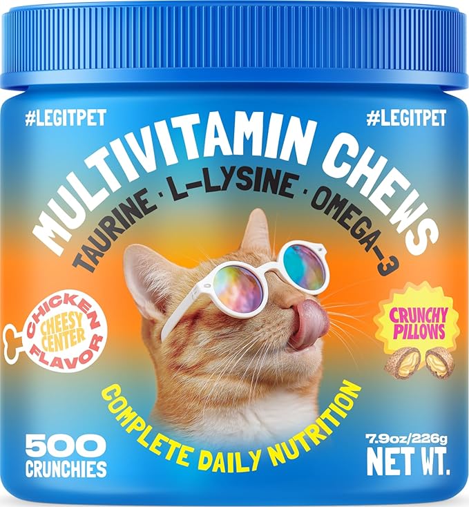 LEGITPET Cat Multivitamin Crunchy Treats – Daily Vitamins for Cats with Taurine, Omega 3 & L-Lysine – Immune, Skin & Coat, Heart & Brain Support – Chicken Flavor, 500 Crunchy Pillows