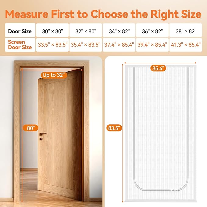 BFNN Cat Screen Door, Extra Tall Cat-Proof Mesh Gate, Fit Door Size 32'' x 80'', Anti Scratch Mesh with Zipper Closure, for Living Room, Kitchen, Bedroom (White, U-Shaped)