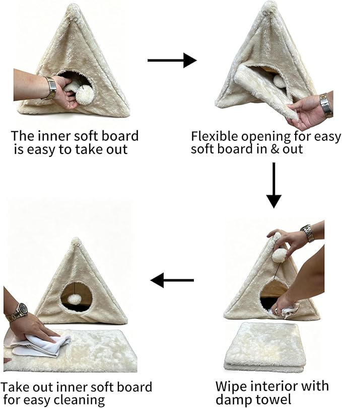 Cat Bed, 18"x10"x15.5" Creamy White Foldable Cat Beds for Indoor Cats, Cat House with Scratcher Board for Small Cats and Kittens