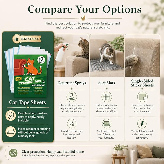 Cat Scratch Deterrent Tape – 10 Double-Sided Anti-Scratching Sticky Tape – Protect Furniture & Train Cats to Stop Scratching – Effective Cat Training Tape for Sofas & Couches