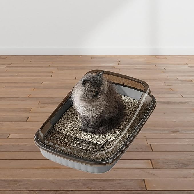 Semi-Closed Cat Litter Box with Heightened Design, Portable Splashproof Pet Toilet Tray for Indoor Cats and Small Pets- Grey