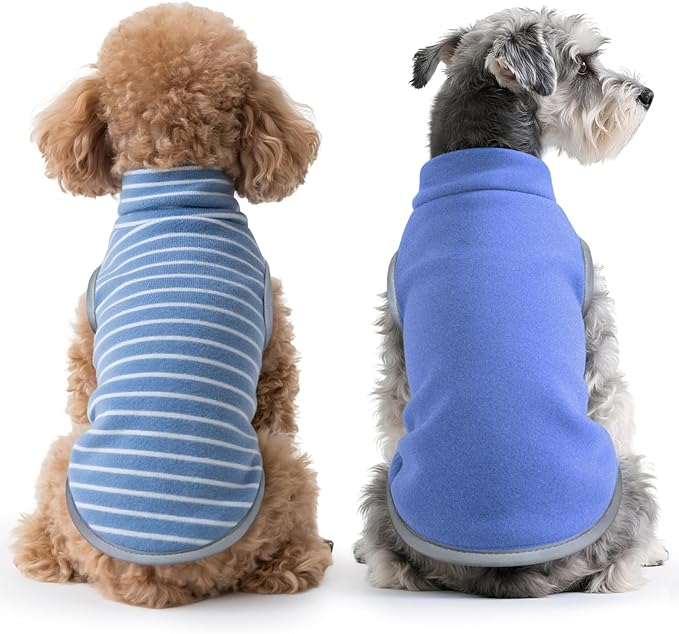Idepet 2 Pack Striped Dog Sweater, Stretchy Dog Shirt Vest Turtleneck Pet Pullover Puppy Clothes Reflective Sweatshirt Fleece Cat Apparel (Blue Stripe + Navy, Large)
