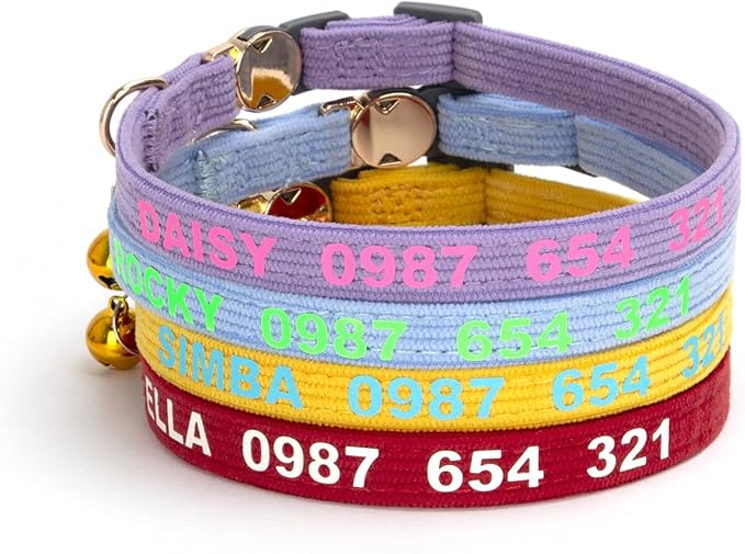 Personalized Custom Cat Collar, Glow in the Dark Text, Soft Corduroy, Metal Breakaway Safety Buckle, Adjustable for Kitten & Cats (Breakaway)