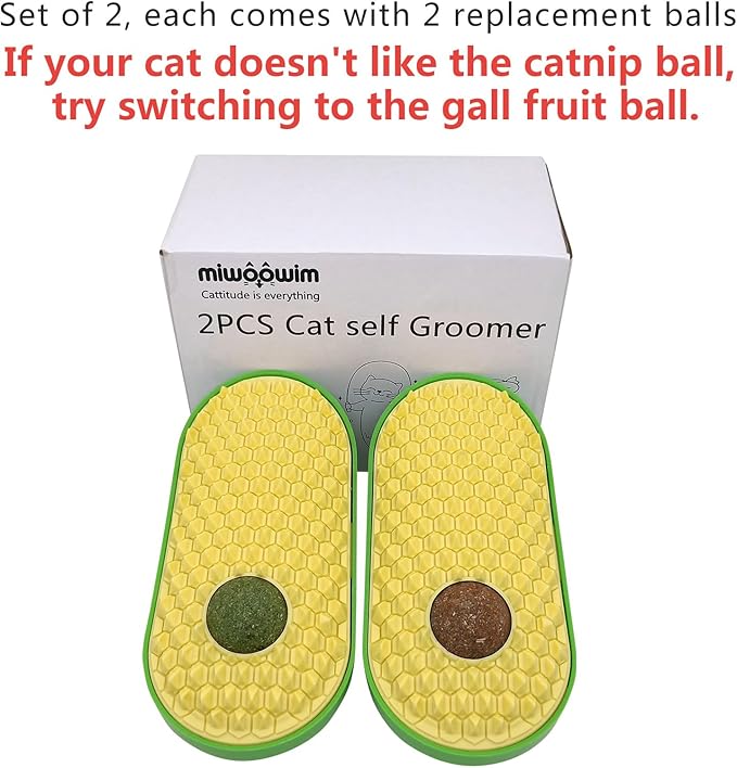 miwoowim 2 Pcs Catnip Toys Balls that Stick on Wall,Cat Toy Ball, Catnip Ball for Cats Lick,Cat Face Scratchers Brush Rubbing Post, (Yellow)