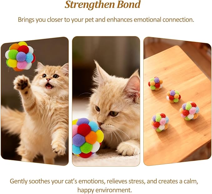 Soft Plush Cat Ball Toys with Bells Set of 4-Pack, Colorful Fuzzy Interactive Play Balls for Cats & Kittens