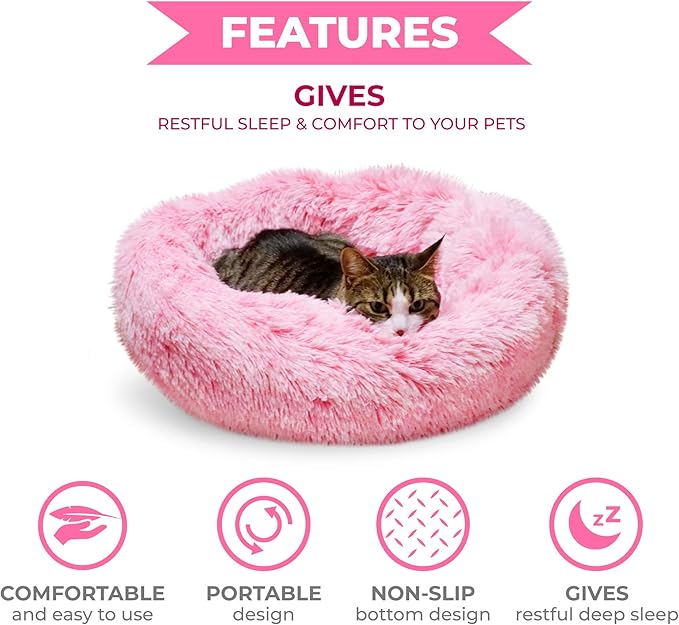Whiskers & Friends Cat Beds for Indoor Cats, Fluffy Calming Donut Cat Bed, Small Dog Bed Washable - Orthopedic Soft Plush Pet Beds Sized for Kitten to Large Cats & Puppy to Small Dogs - Gradient Pink