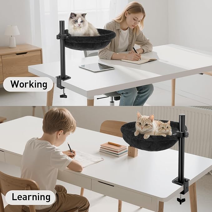 Cat Desk Bed, Heavy Duty Steel Clamp-On Various Desktops, Machine Washable Reversible Cat Beds for Large & Kitten, 360° Rotating Height Adjustable, Indoor Cats Nest Furniture Supports 45lbs, Black