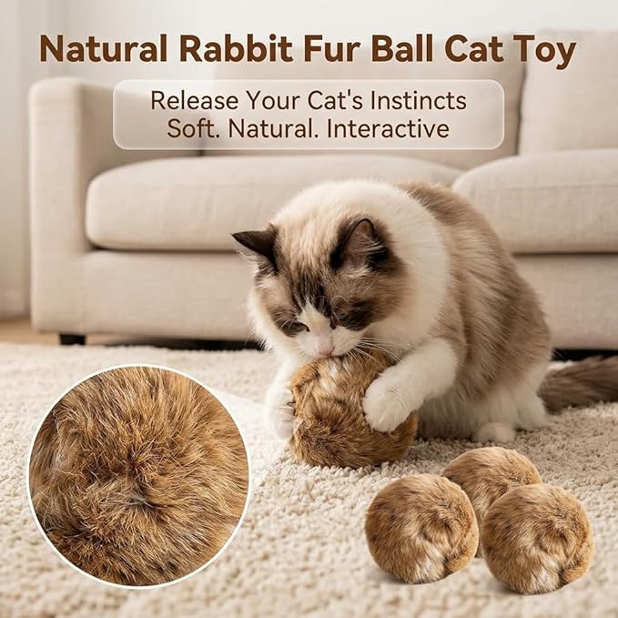Rabbit Fur Ball Cat Toys,6 Pack Soft Fluffy Catnip Toy Balls for Indoor Cats,3.15 Inch Furry Cat Exercise Ball for Hunting Instinct&Bunny Kicks,Washable Interactive Cat Toy for Chasing & Bonding(3PC)