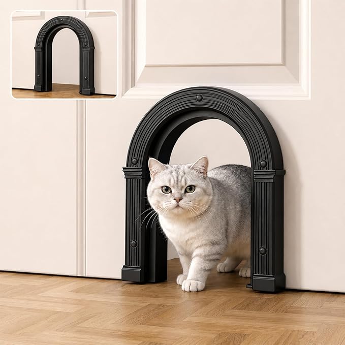 Cat Door for Interior Doors Large Cat Door - No-Flap, No Training Needed, Fits Cats Up to 25 lbs, Easy Installation, Installs in Minutes, Fits 1.25" to 1.75" Thick Solid & Hollow Doors Black