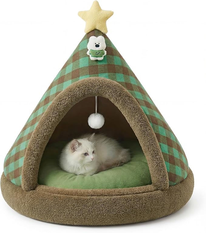 Jiupety Cat Tents for Indoor Cats,Cat House with Removable Washable Cushioned,2-in-1 Cat Cave Tent with Anti-Slip Bottom Ultra-Soft Pet Tent for Cats and Small Dogs,Green 23.6In