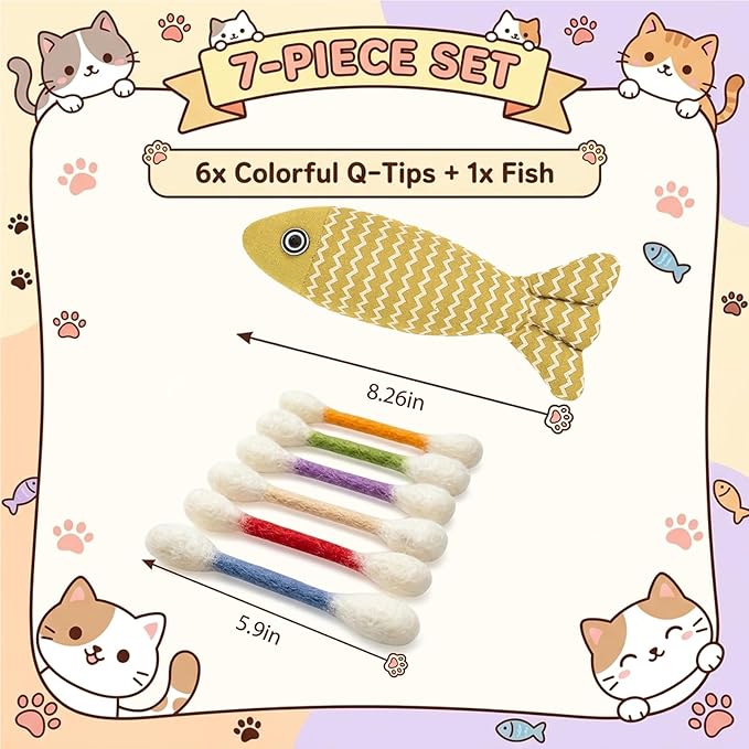 7-Piece Set 5.9inch giant q tip cat toy and 8inch Mint linen imitation fish,Qtip Cat Toy for Interactive Play Sessions and Anxiety Relief, Giant Qtip Toy for Indoor Cats with Stomach Discomfort