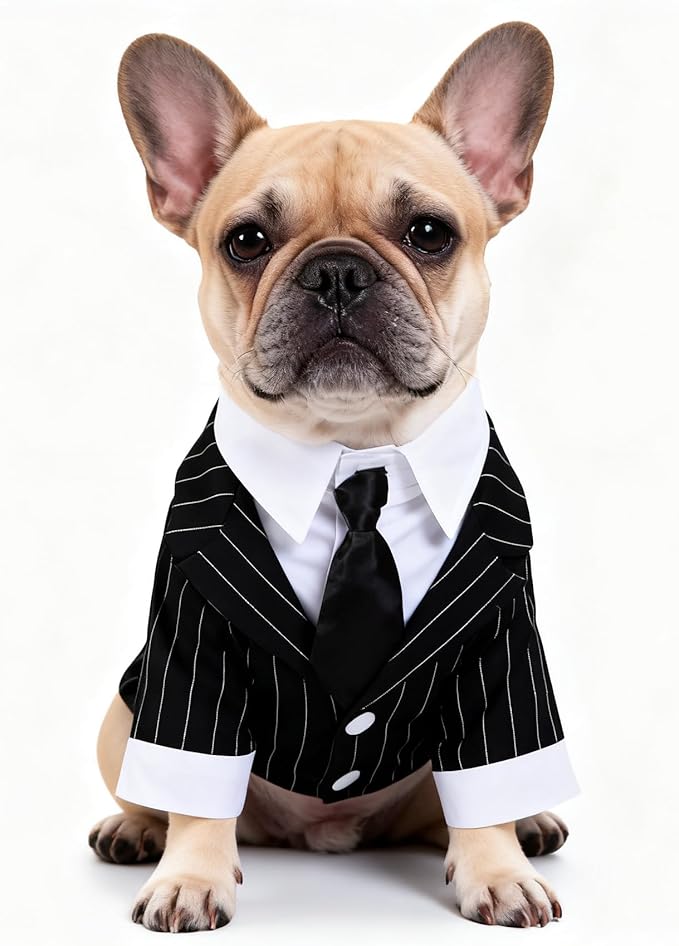 GabeFish Pets Wedding Jackets Suit for Dogs with Bow Tie Puppy Cat Formal Clothes Shirt Tuxedo (Striped, XL (Chest 18.8in/48cm)