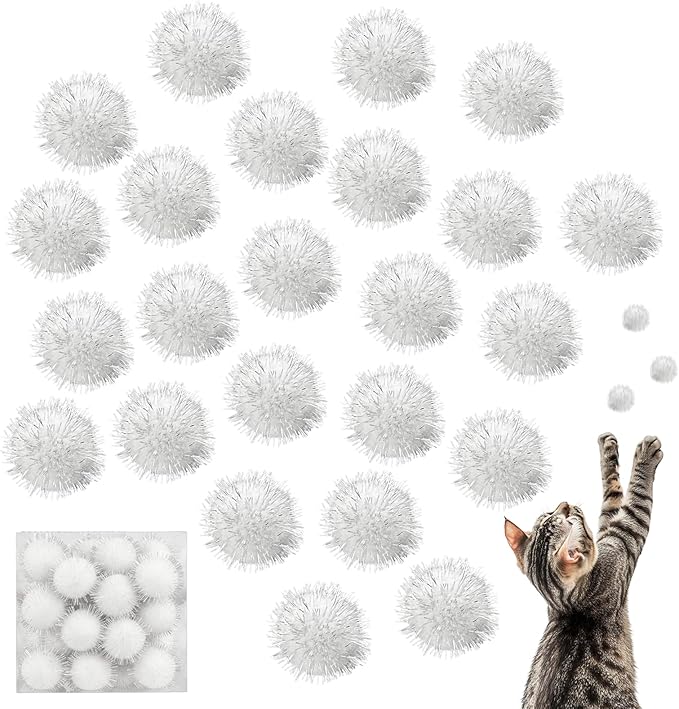 80 Pcs Sparkle Pom Pom Balls 1.5 Inch Cat Toy Chase Ball Interactive Glitter Tinsel Ball for Kitten Cat Favorite Gift White