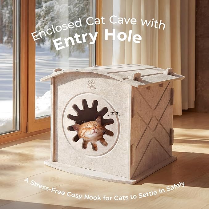 Cat Houses for Indoor Cats: Felt Cat House Cave Cathouse, Scratch-Resistant Warm Insulated Covered, Hideaway Tent for Anxiety Relief Gift