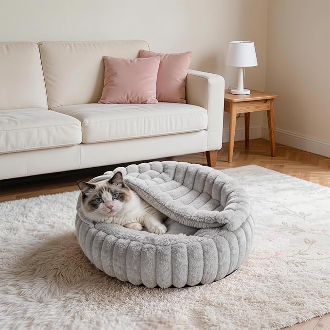 Cat Beds for Indoor Cats, 2 in 1 Cat Cave Bed Kitten Bed for Small Pets, Small Dog Bed with Cover, Pet Bed for Puppy and Kitten with Anti-Slip Bottom-Light Gray-20 inches