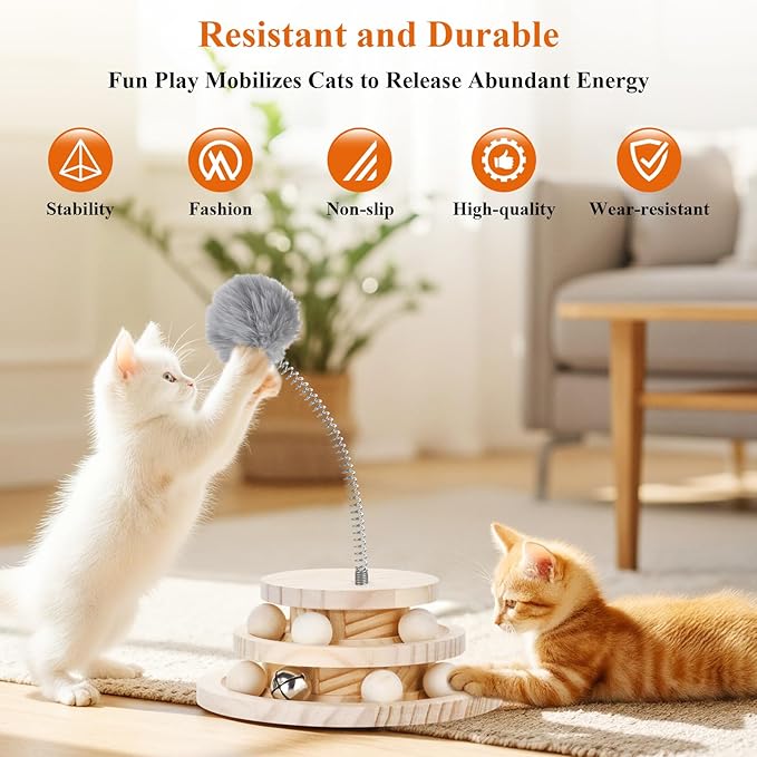 Cat Toy Track Ball with Bell Teaser Wand - Double-Layer Tower Roller, Interactive Wooden Cat Toy for Mental & Physical Exercise, Double Fun for Kittens & Cats