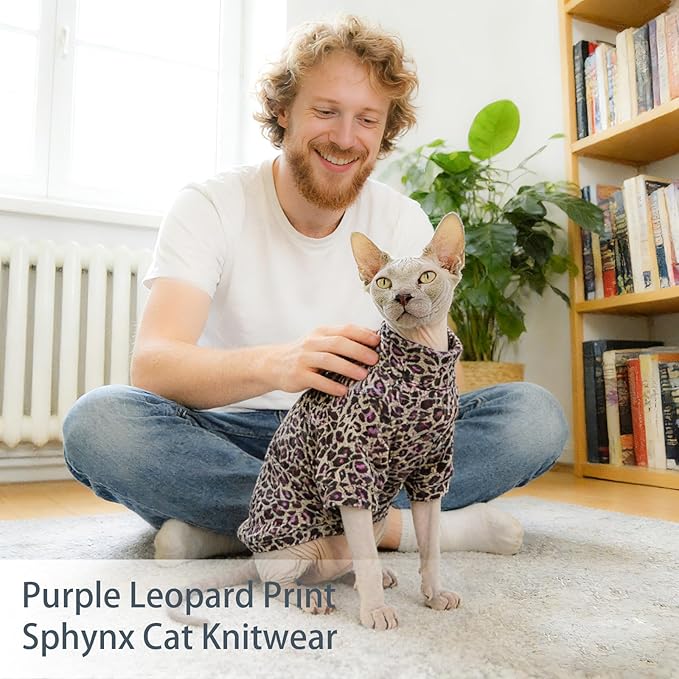 Sphynx Cat Sweater Hairless Cat Clothes Sweater Shirt Soft Warm Long Sleeves Pullover Pet Clothes Pajamas Dog Cloth for Small Dogs Jumpsuit Pet Sweaters (Purple Leopard, Medium)