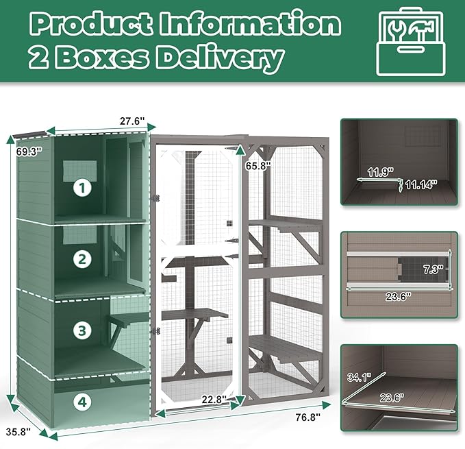 71" H Large Catio Outdoor Cat Enclosure, Walk-in Catio Cat Patio Weatherproof Attached Window for Multiple Cats, Semi-Enclosed Kitty Condo Enclosure Outside with Asphalt and UV Protection Roofs