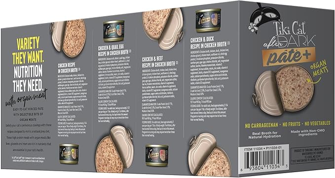 Tiki Cat After Dark Pate+ Wet Cat Food, Variety Pack, 2.8 oz. Cans (Pack of 12)