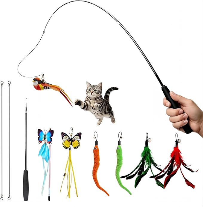11PCS Feather Cat Toy Set, Interactive Cat Teaser Wand for Indoor Cats, 39in Cat Fishing Pole & 18.5in Telescopic Wand, 6 Feather Refills & 1 Bird Toy, Kitten Exercise Boredom Relief