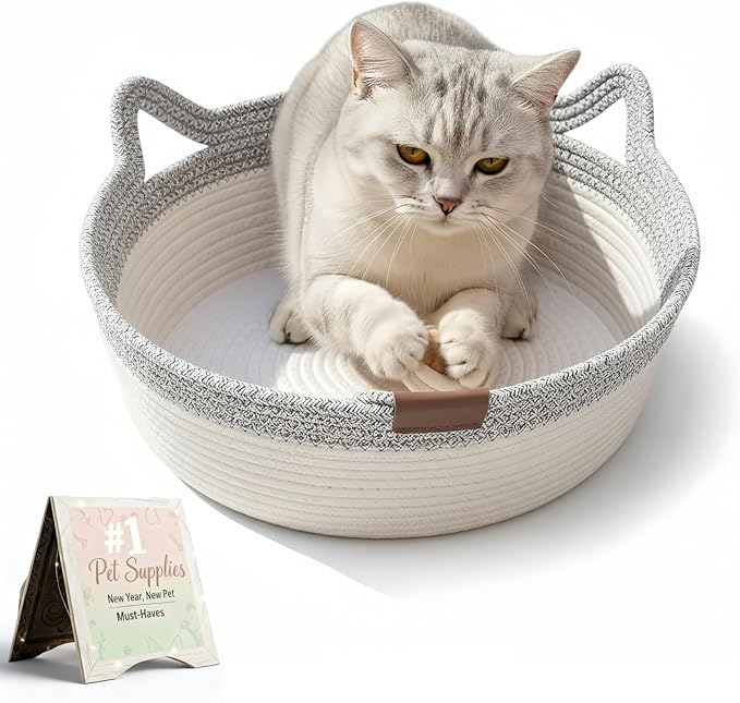 Instinct Basket for Cats - Handwoven Cotton Rope Enrichment Bed with Attached Toy Tail, Scratchable Interactive Pet Nest Features Flexible Walls to Fight Boredom & Protect Furniture (Gray, M)